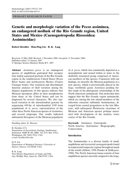 Genetic and Morphologic Variation of the Pecos Assiminea, An