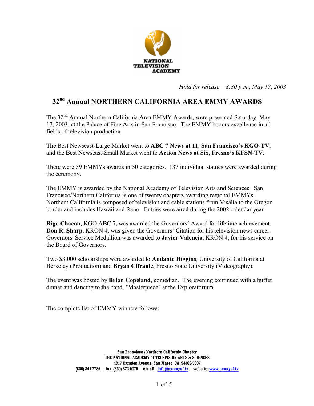 32 Annual NORTHERN CALIFORNIA AREA EMMY AWARDS