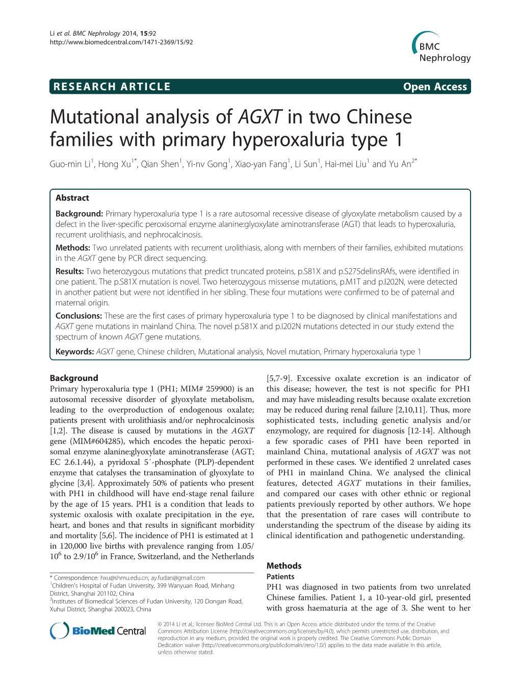 Mutational Analysis of AGXT in Two Chinese Families with Primary