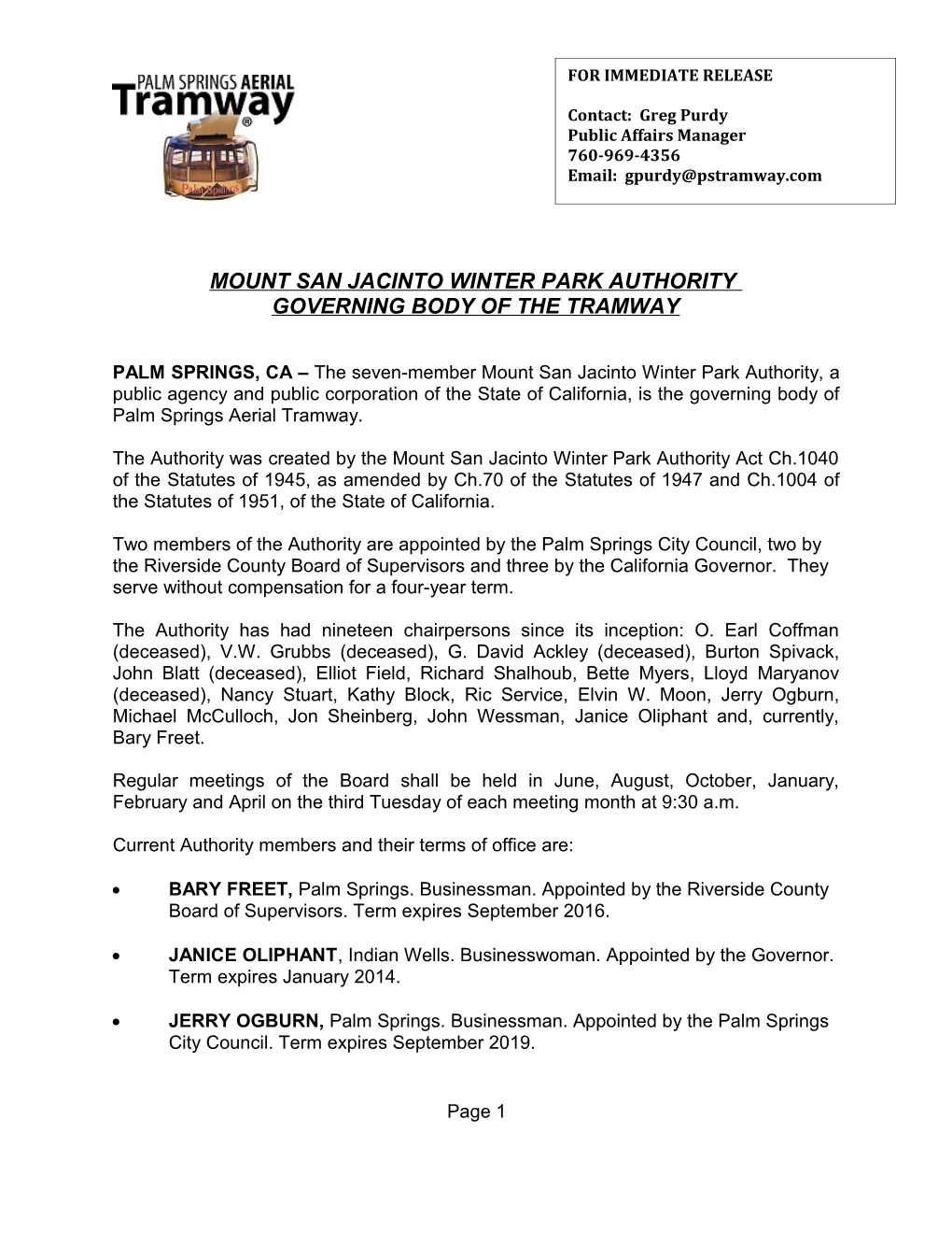 MEDIA San Jacinto WINTER PARK AUTHORITY IS GOVERNING BODY of the TRAMWAY