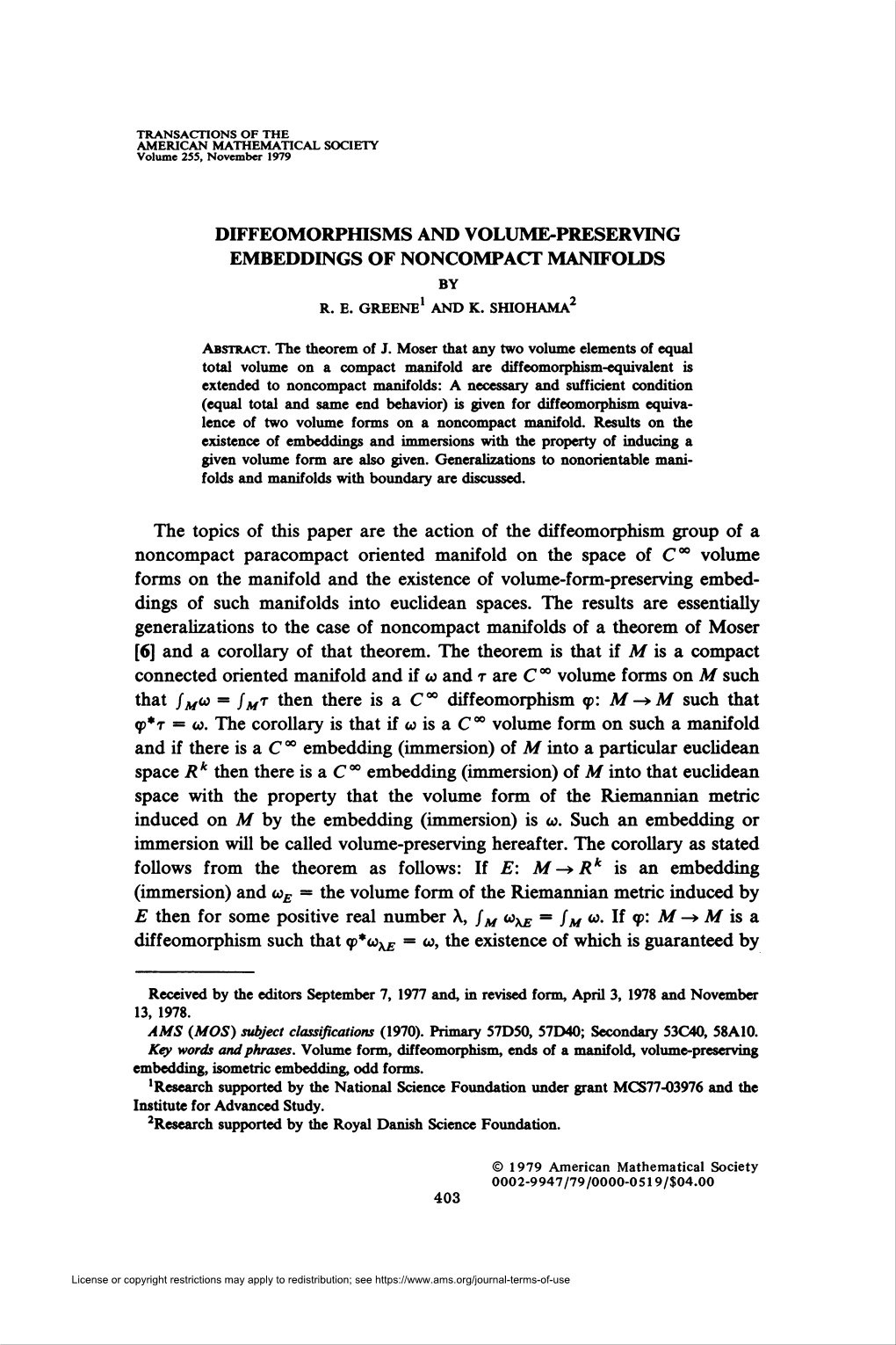 Diffeomorphisms and Volume-Preserving Embeddings of Noncompact Manifolds by R