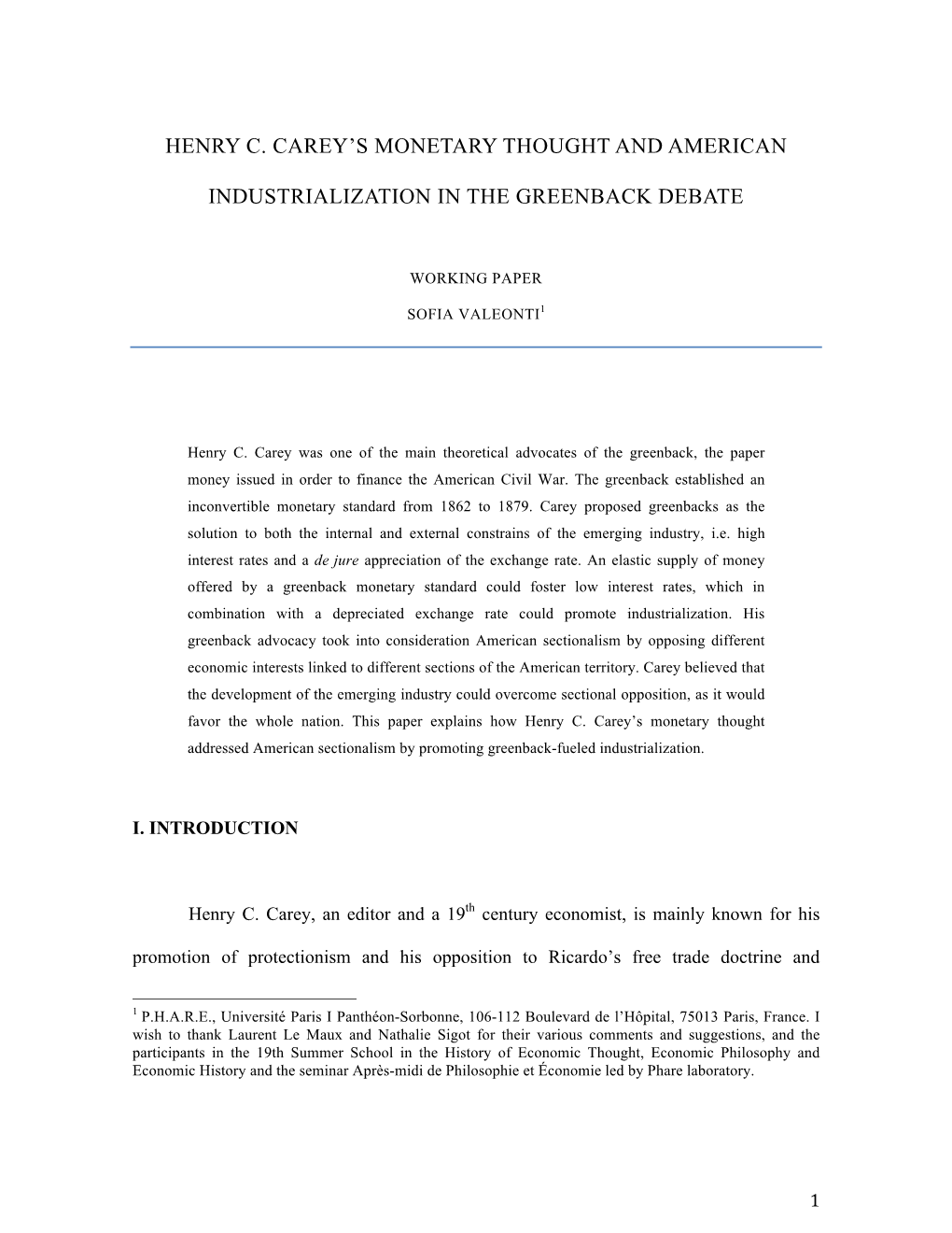 Henry C. Carey's Monetary Thought and American Industrialization in the Greenback Debate