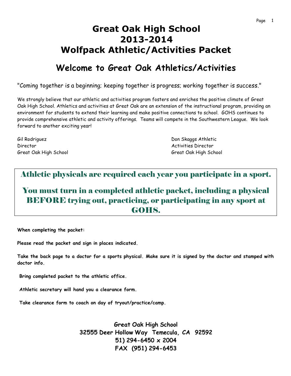 Great Oak High School 2013-2014 Wolfpack Athletic/Activities Packet