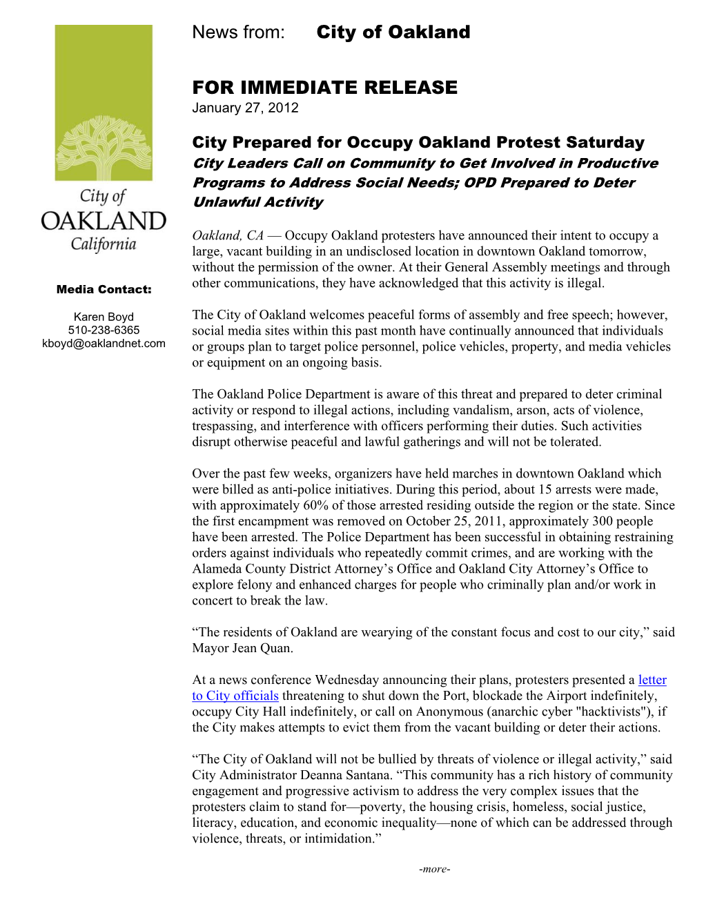 News From: City of Oakland for IMMEDIATE RELEASE