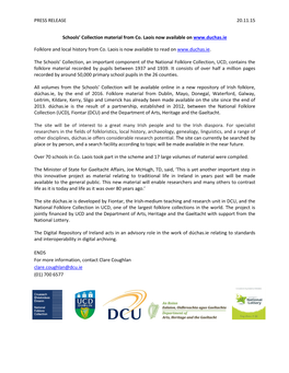 PRESS RELEASE 20.11.15 Schools' Collection Material from Co. Laois