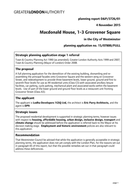 Macdonald House, 1-3 Grosvenor Square in the City of Westminster Planning Application No