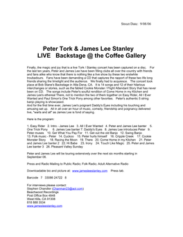 Peter Tork & James Lee Stanley LIVE Backstage @ the Coffee Gallery