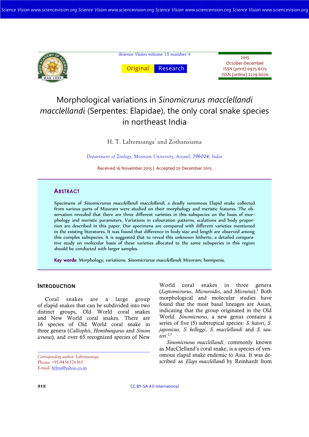 Morphological Variations in Sinomicrurus Macclellandi Macclellandi (Serpentes: Elapidae), the Only Coral Snake Species in Northeast India