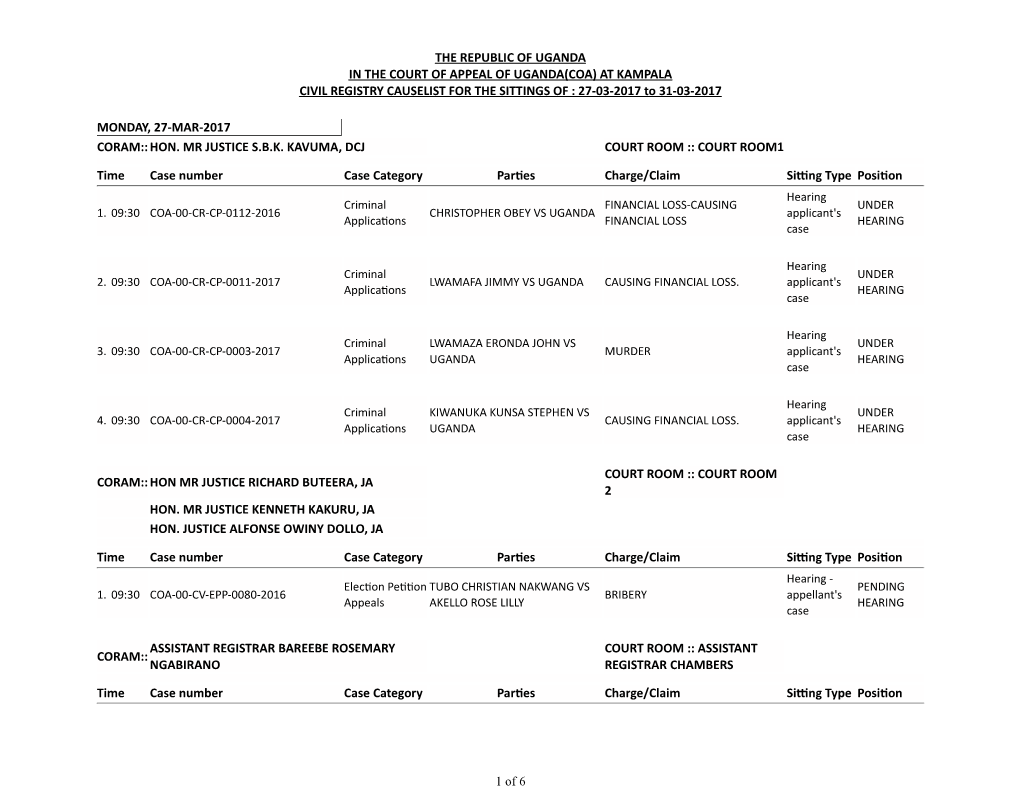 THE REPUBLIC of UGANDA in the COURT of APPEAL of UGANDA(COA) at KAMPALA CIVIL REGISTRY CAUSELIST for the SITTINGS of : 27-03-2017 to 31-03-2017