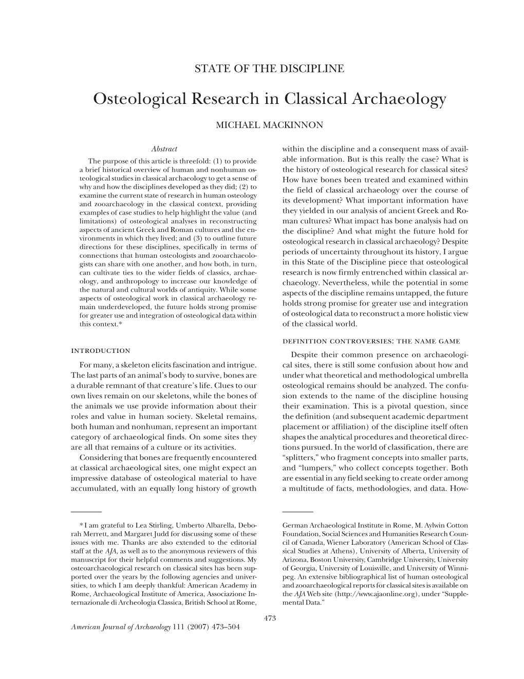 Osteological Research in Classical Archaeology