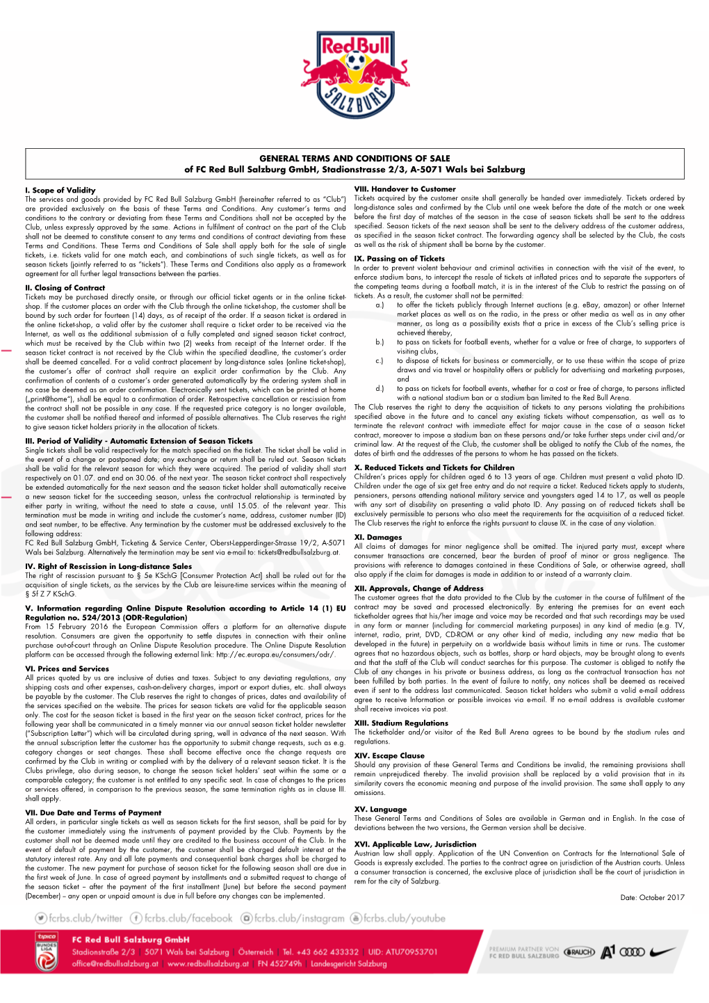 GENERAL TERMS and CONDITIONS of SALE of FC Red Bull Salzburg Gmbh, Stadionstrasse 2/3, A-5071 Wals Bei Salzburg