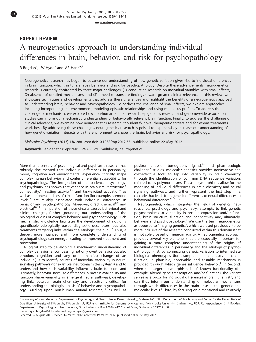 A Neurogenetics Approach to Understanding Individual Differences in Brain, Behavior, and Risk for Psychopathology