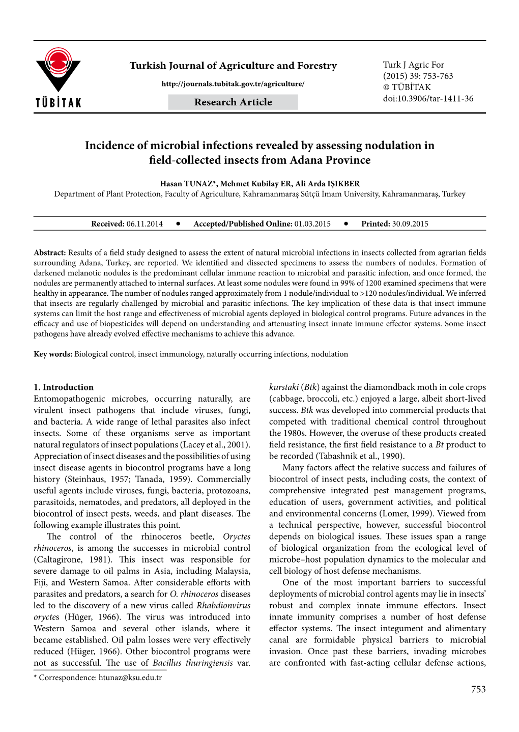 Incidence of Microbial Infections Revealed by Assessing Nodulation in Field-Collected Insects from Adana Province