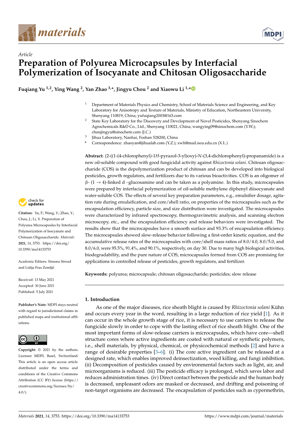 Preparation of Polyurea Microcapsules by Interfacial Polymerization of Isocyanate and Chitosan Oligosaccharide