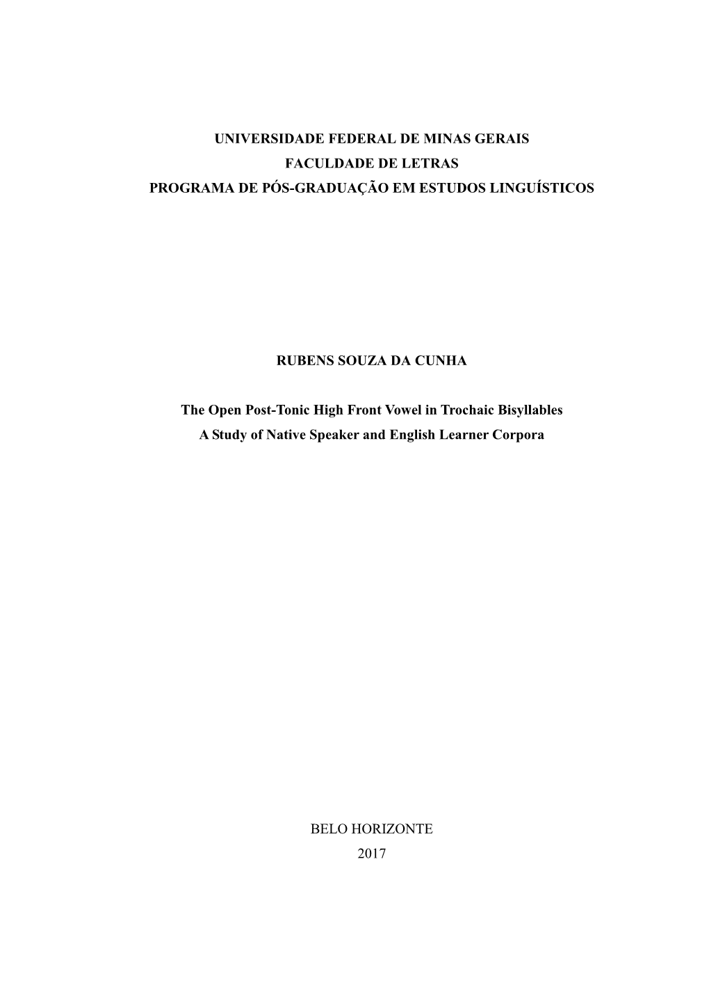 Universidade Federal De Minas Gerais Faculdade De Letras Programa De Pós-Graduação Em Estudos Linguísticos