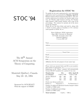STOC ’94 to Qualify for the Early Registration Fee, Your Registration Application Must Be Postmarked by Monday, April 25