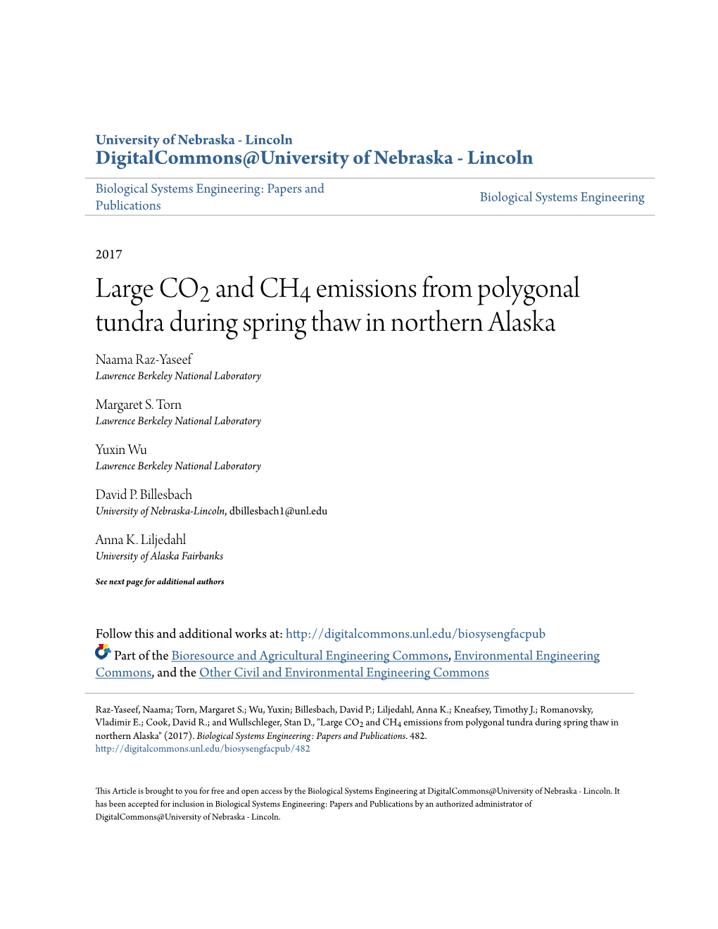 Large CO2 and CH4 Emissions from Polygonal Tundra During Spring Thaw in Northern Alaska Naama Raz-Yaseef Lawrence Berkeley National Laboratory