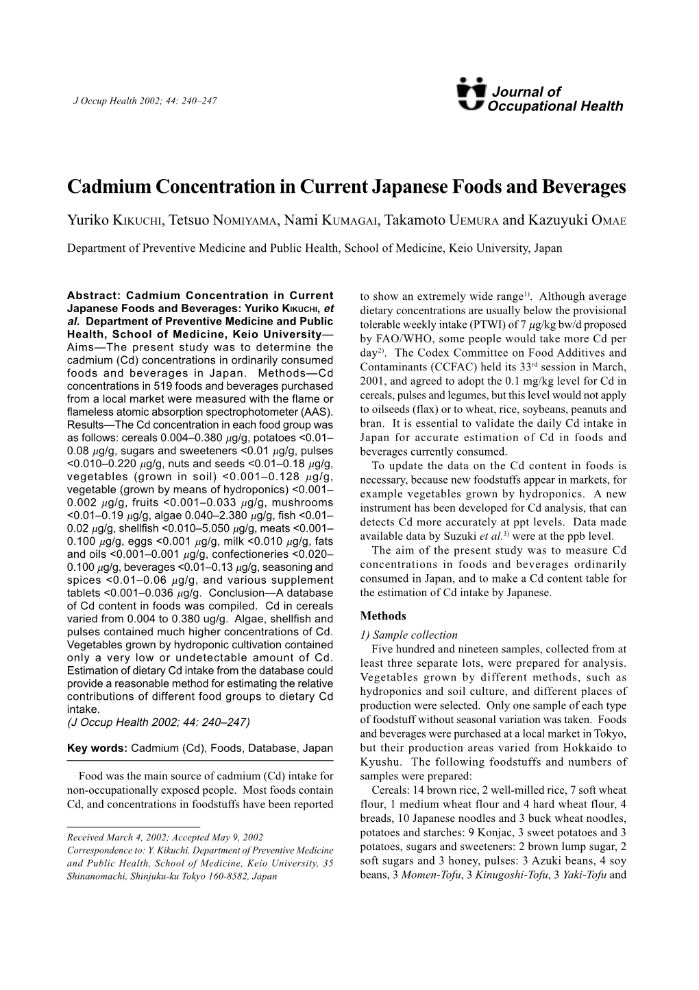 Cadmium Concentration in Current Japanese Foods and Beverages