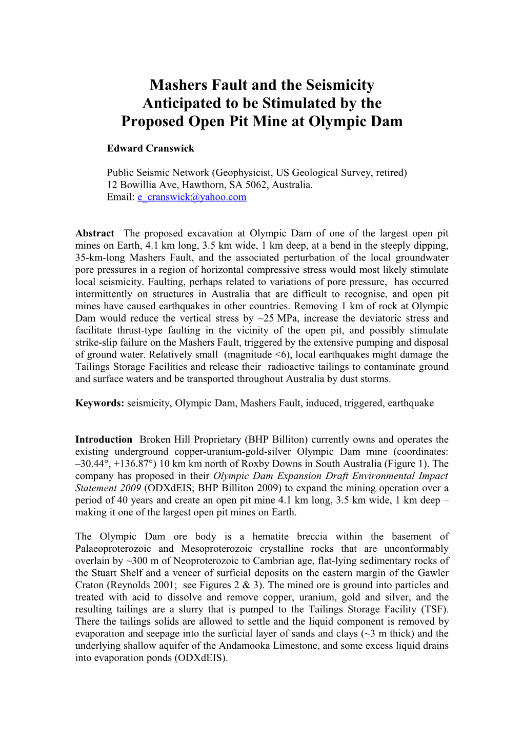 Mashers Fault and the Seismicity Anticipated to Be Stimulated by the Proposed Open Pit Mine at Olympic Dam