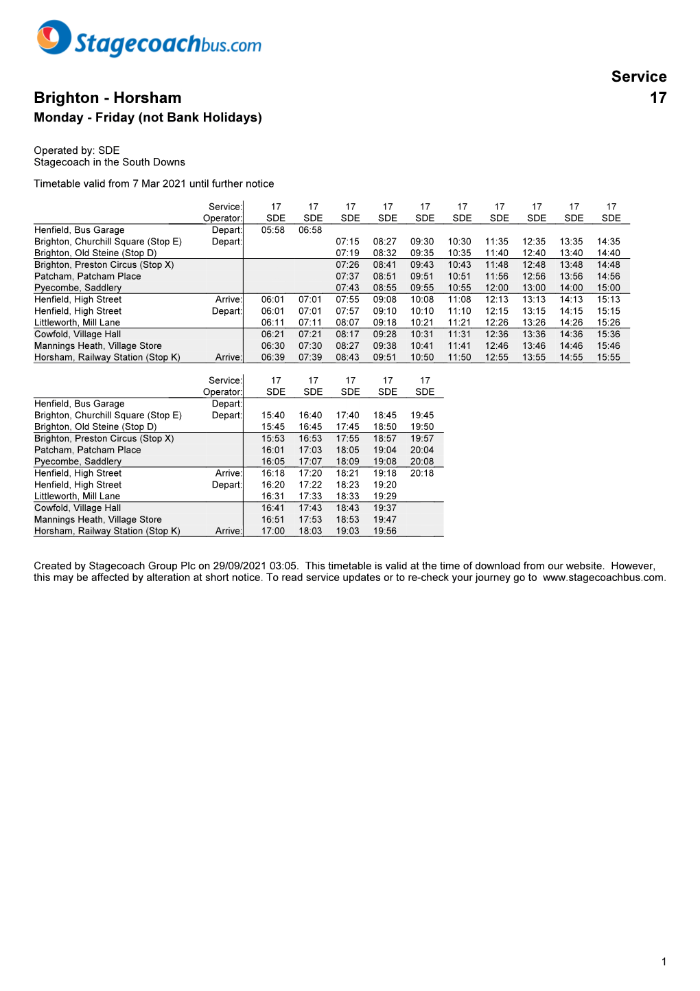 Service Brighton - Horsham 17 Monday - Friday (Not Bank Holidays)