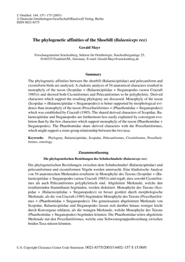 The Phylogenetic Affinities of the Shoebill (Balaeniceps Rex) Gerald Mayr