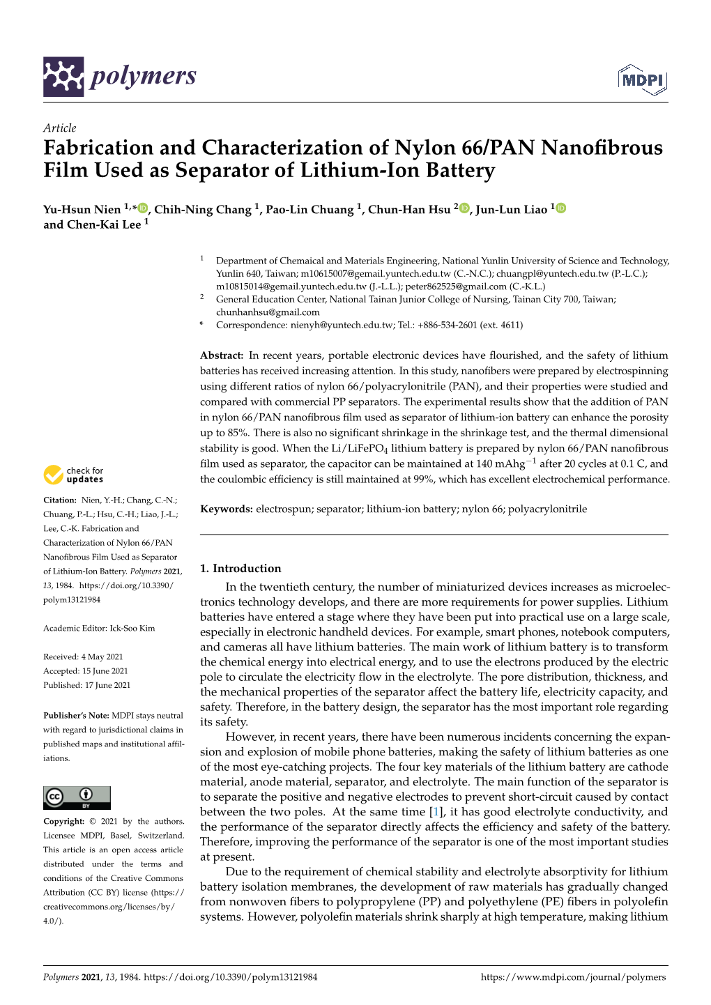 Fabrication and Characterization of Nylon 66/PAN Nanofibrous Film