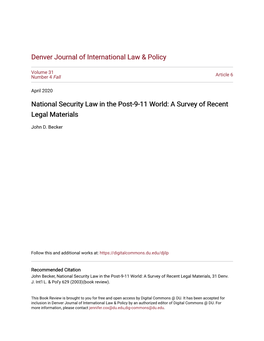 National Security Law in the Post-9-11 World: a Survey of Recent Legal Materials