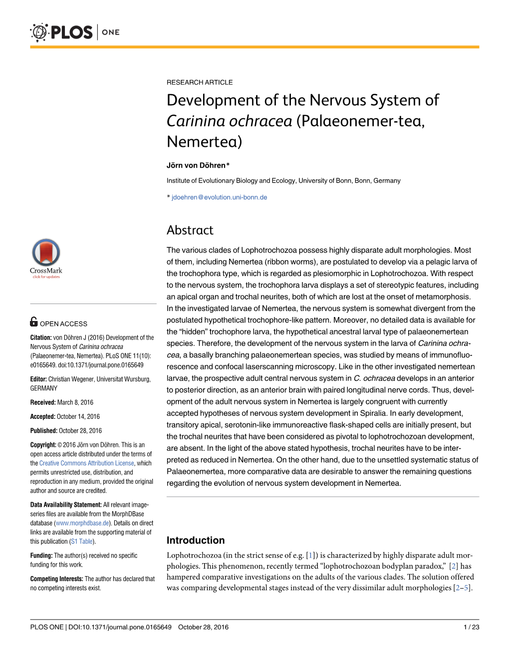 Development of the Nervous System of Carinina Ochracea (Palaeonemer-Tea, Nemertea)