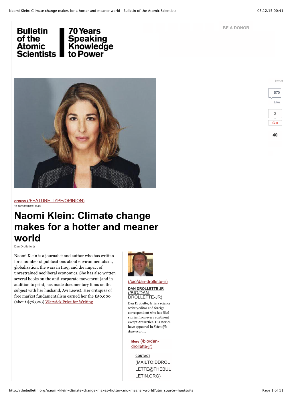 Naomi Klein: Climate Change Makes for a Hotter and Meaner World | Bulletin of the Atomic Scientists 05.12.15 00:41