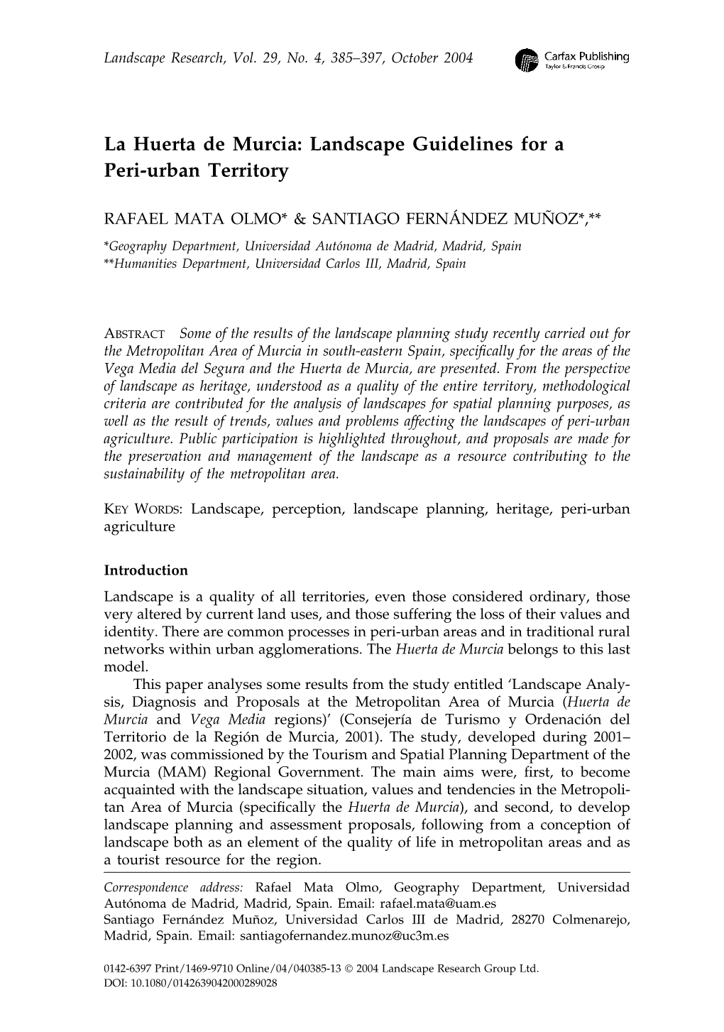 La Huerta De Murcia: Landscape Guidelines for a Peri-Urban Territory