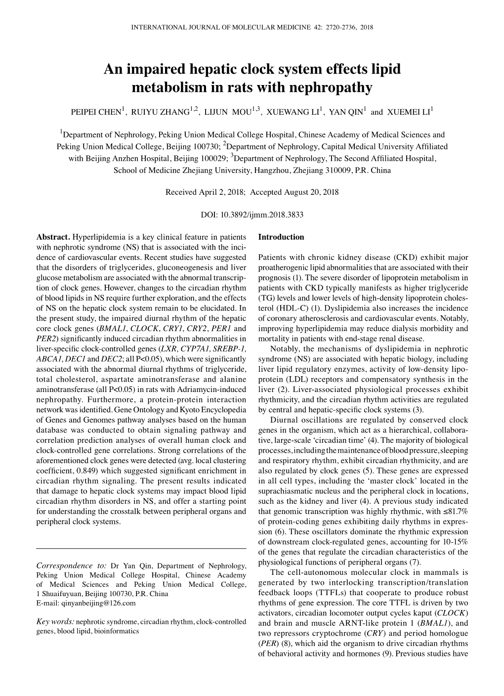 An Impaired Hepatic Clock System Effects Lipid Metabolism in Rats with Nephropathy