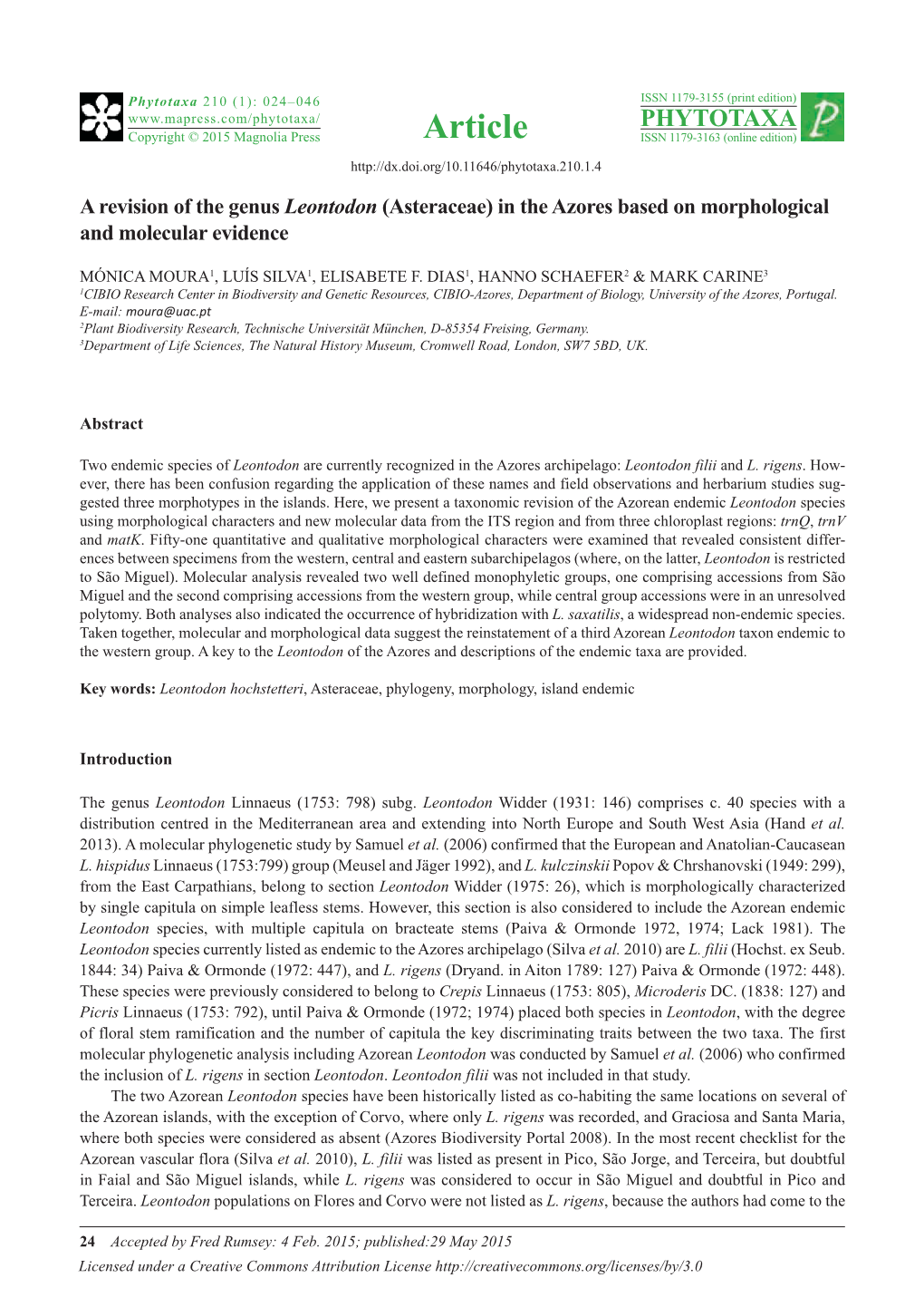 A Revision of the Genus Leontodon (Asteraceae) in the Azores Based on Morphological and Molecular Evidence