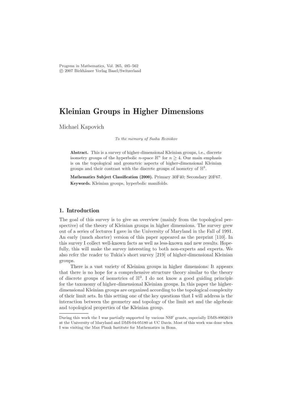 Kleinian Groups in Higher Dimensions