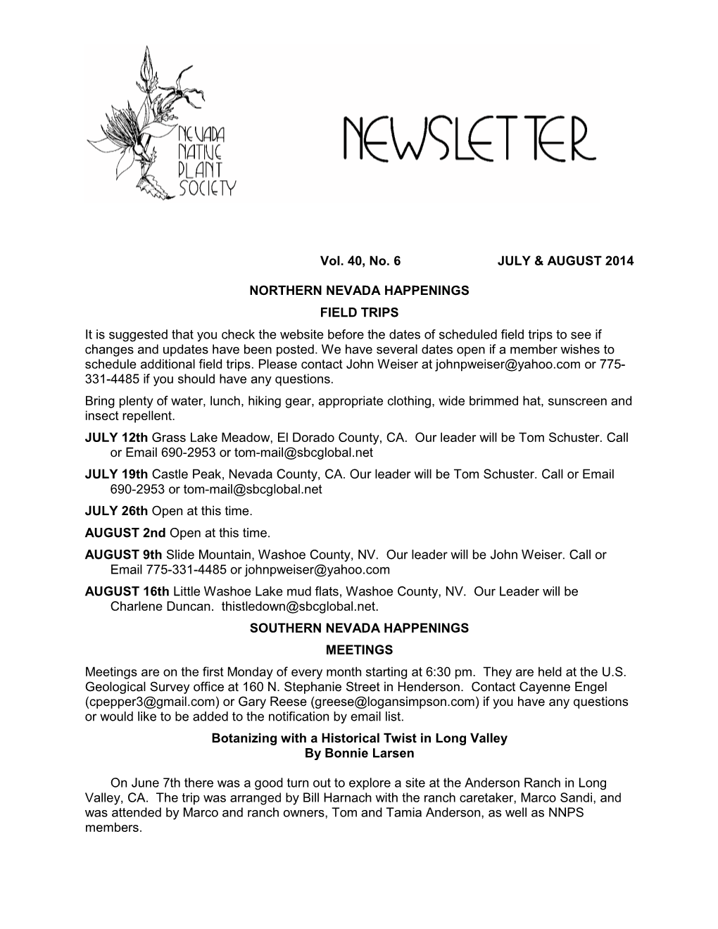 Vol. 40, No. 6 JULY & AUGUST 2014 NORTHERN NEVADA