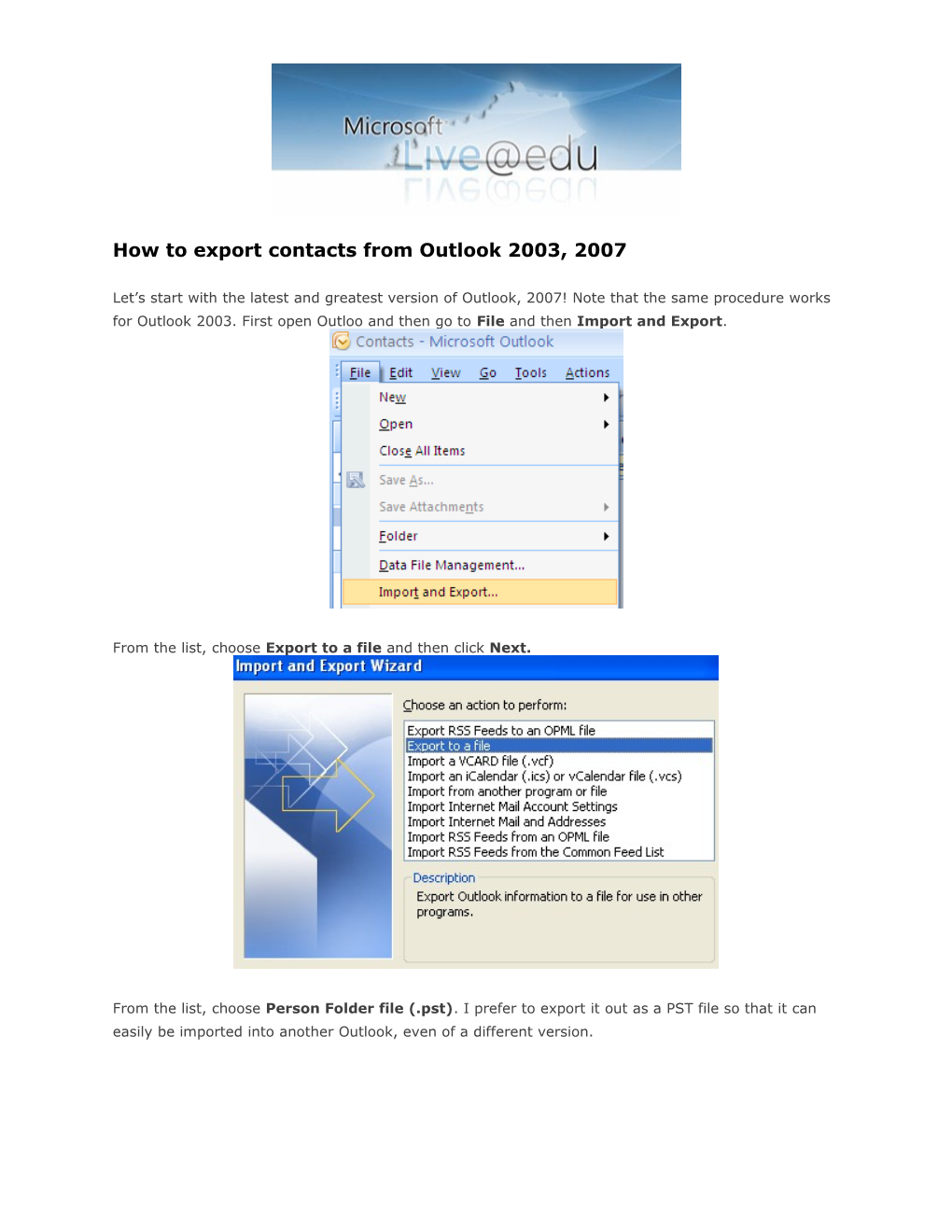 How to Export Contacts from Outlook 2003, 2007