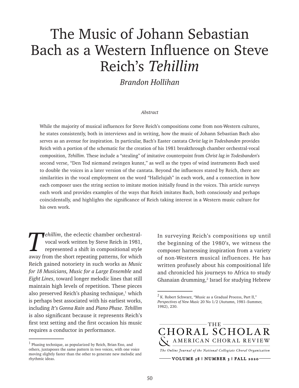 The Music of Johann Sebastian Bach As a Western Influence on Steve Reich’S Tehillim Brandon Hollihan