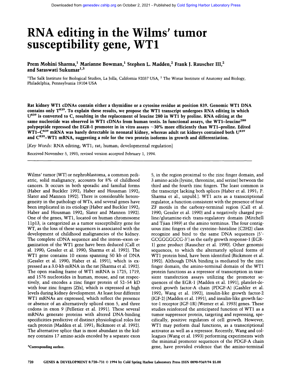 RNA Editing in the Wilms' Tumor Susceptibility Gene, Wtl