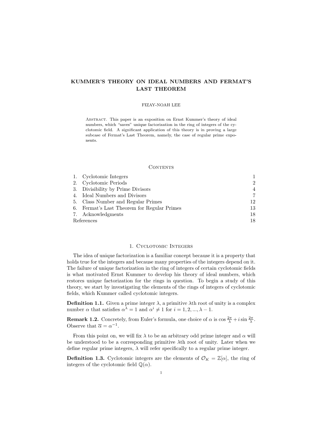 Kummer's Theory on Ideal Numbers and Fermat's Last