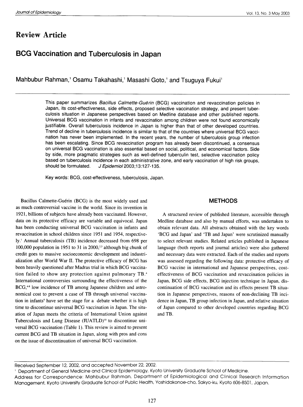 BCG Vaccination and Tuberculosis in Japan