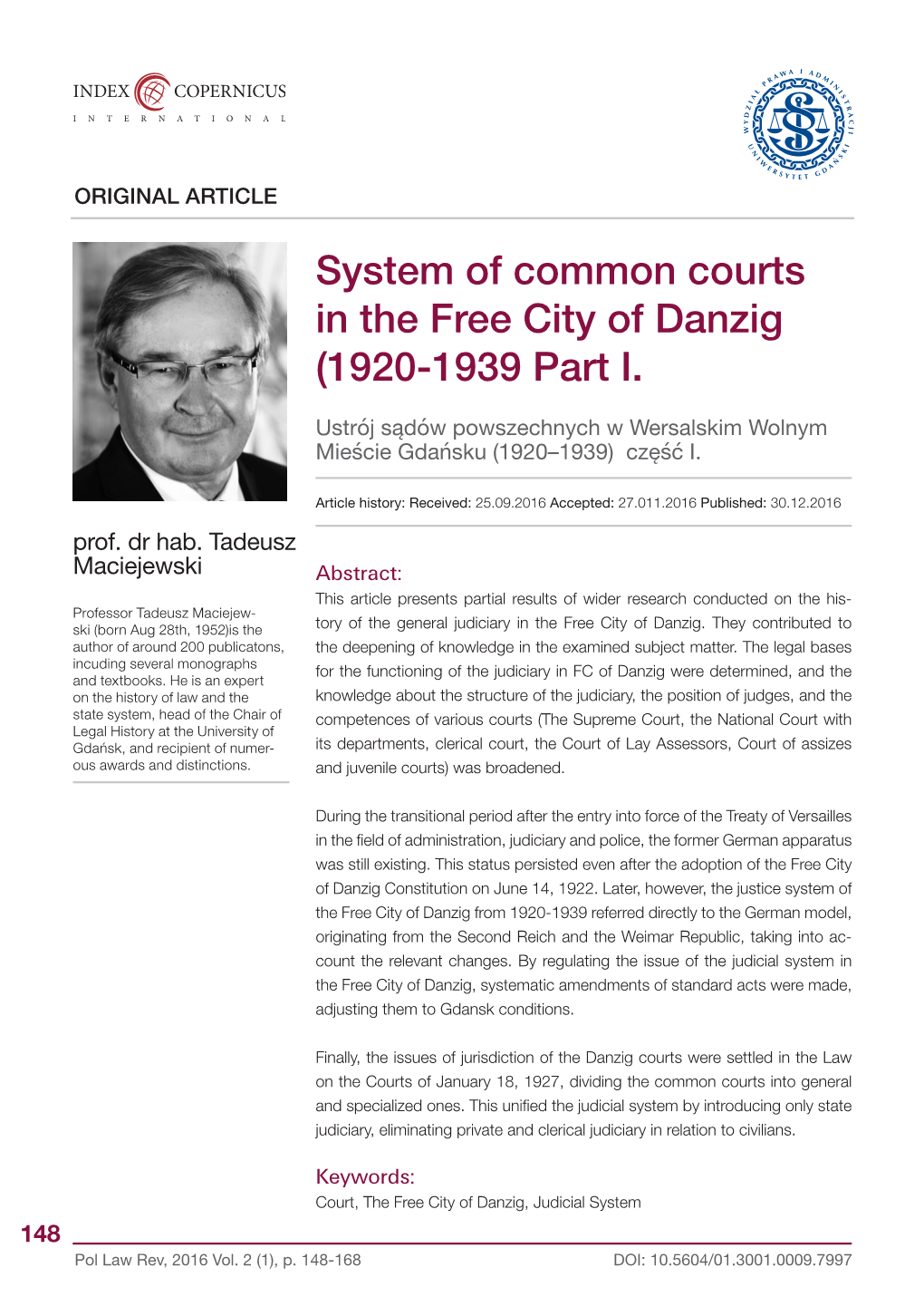 System of Common Courts in the Free City of Danzig (1920-1939 Part I