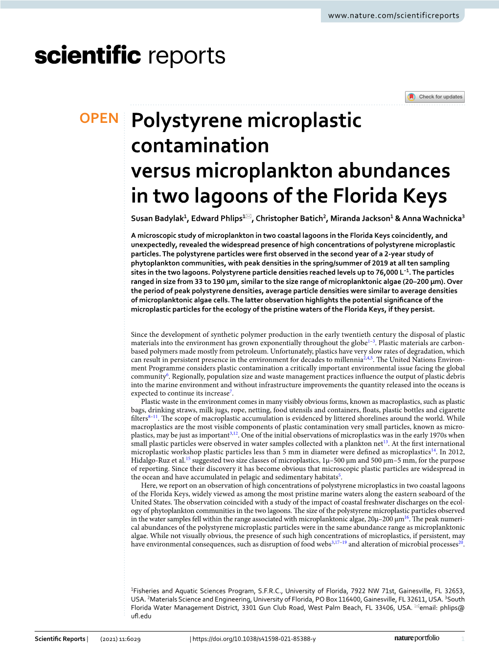 Polystyrene Microplastic Contamination Versus Microplankton Abundances in Two Lagoons of the Florida Keys