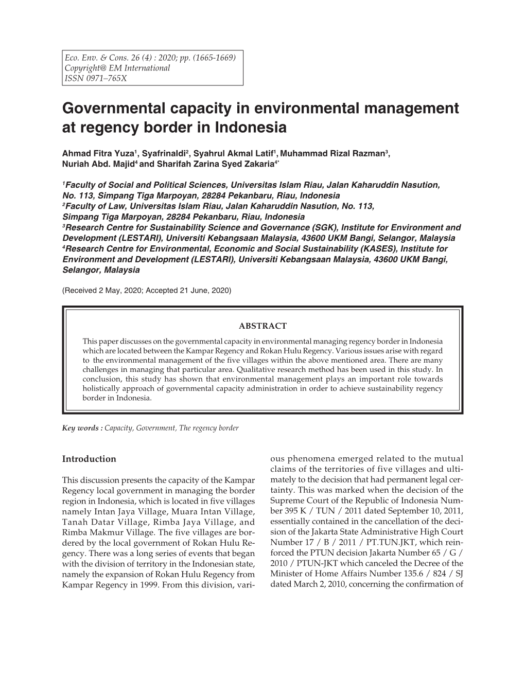 Governmental Capacity in Environmental Management at Regency Border in Indonesia