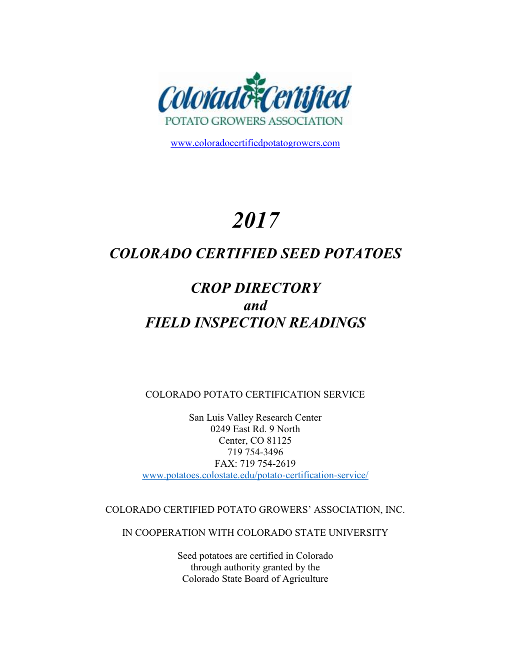 COLORADO CERTIFIED SEED POTATOES CROP DIRECTORY and FIELD INSPECTION READINGS