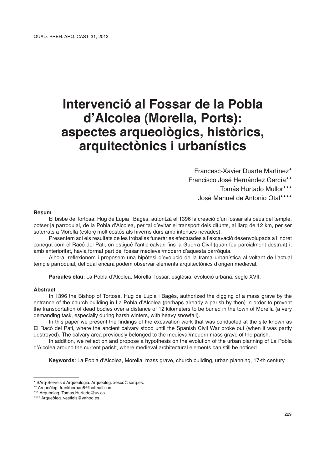 Intervenció Al Fossar De La Pobla D'alcolea (Morella, Ports): Aspectes