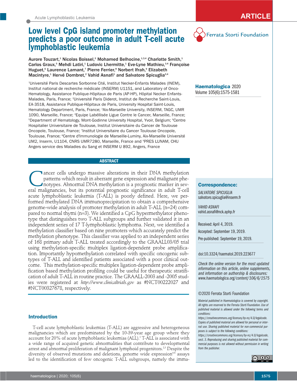 Low Level Cpg Island Promoter Methylation Predicts a Poor Outcome in Adult T-Cell Acute Ferrata Storti Foundation Lymphoblastic Leukemia