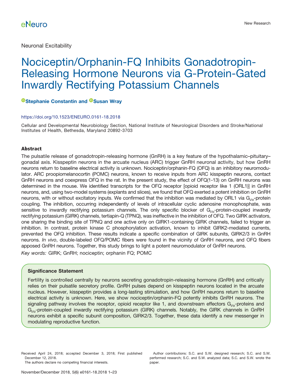 Nociceptin/Orphanin-FQ Inhibits Gonadotropin-Releasing Hormone