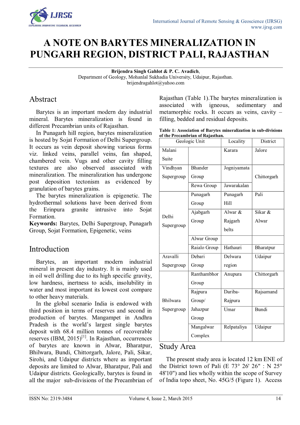 A Note on Barytes Mineralization in Pungarh Region, District Pali, Rajasthan