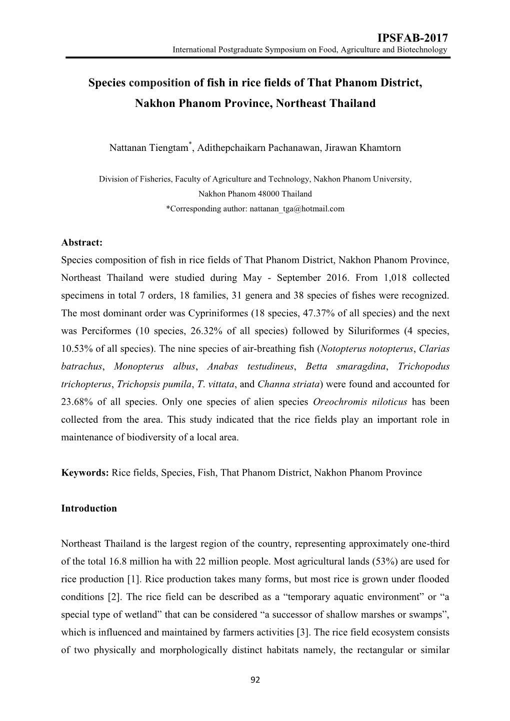 IPSFAB-2017 Species Composition of Fish in Rice Fields of That Phanom