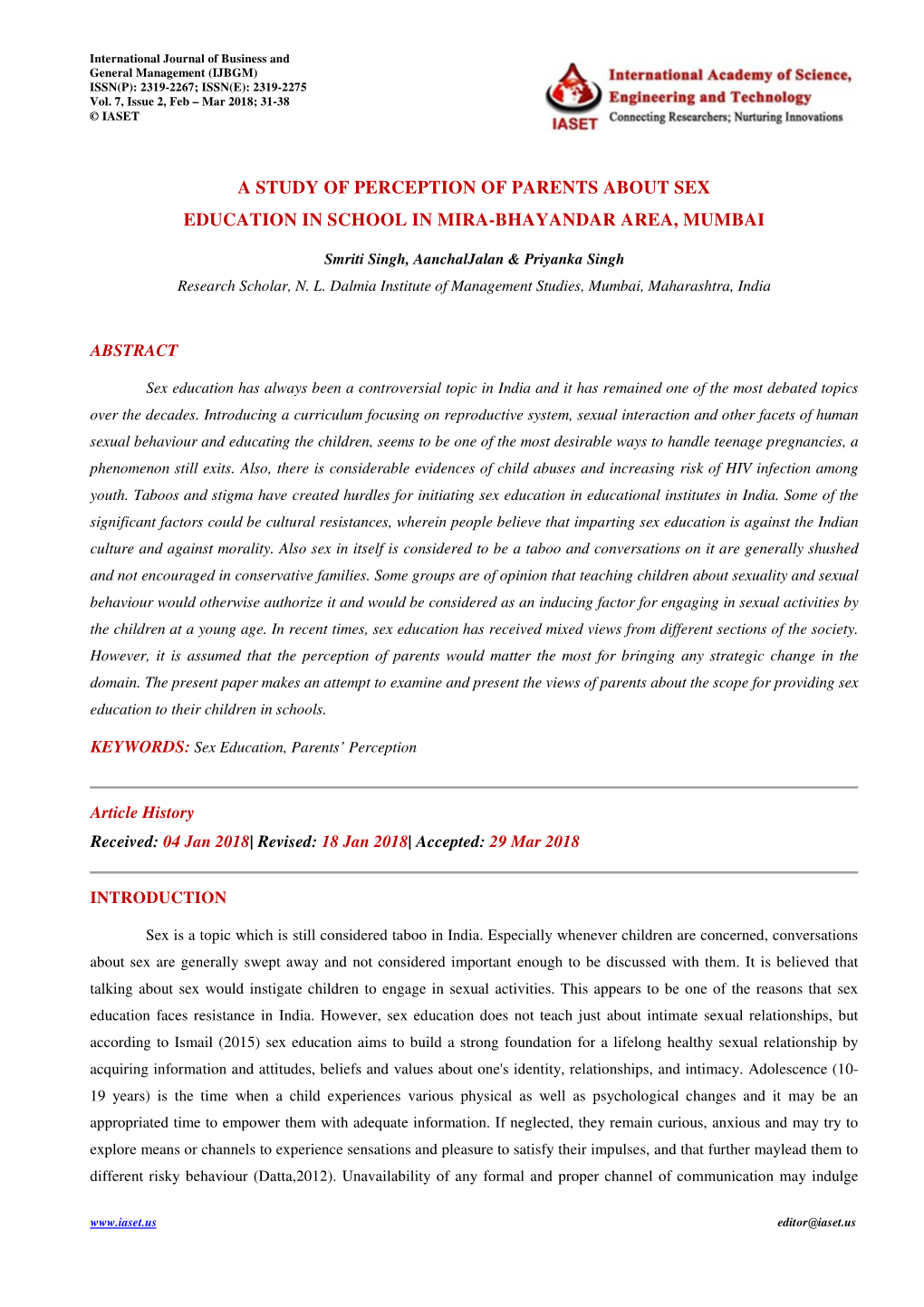 A Study of Perception of Parents About Sex Education in School in Mira-Bhayandar Area, Mumbai