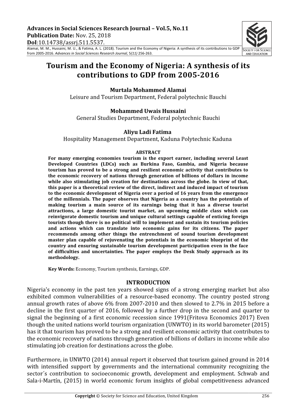 Tourism and the Economy of Nigeria: a Synthesis of Its Contributions to GDP from 2005-2016